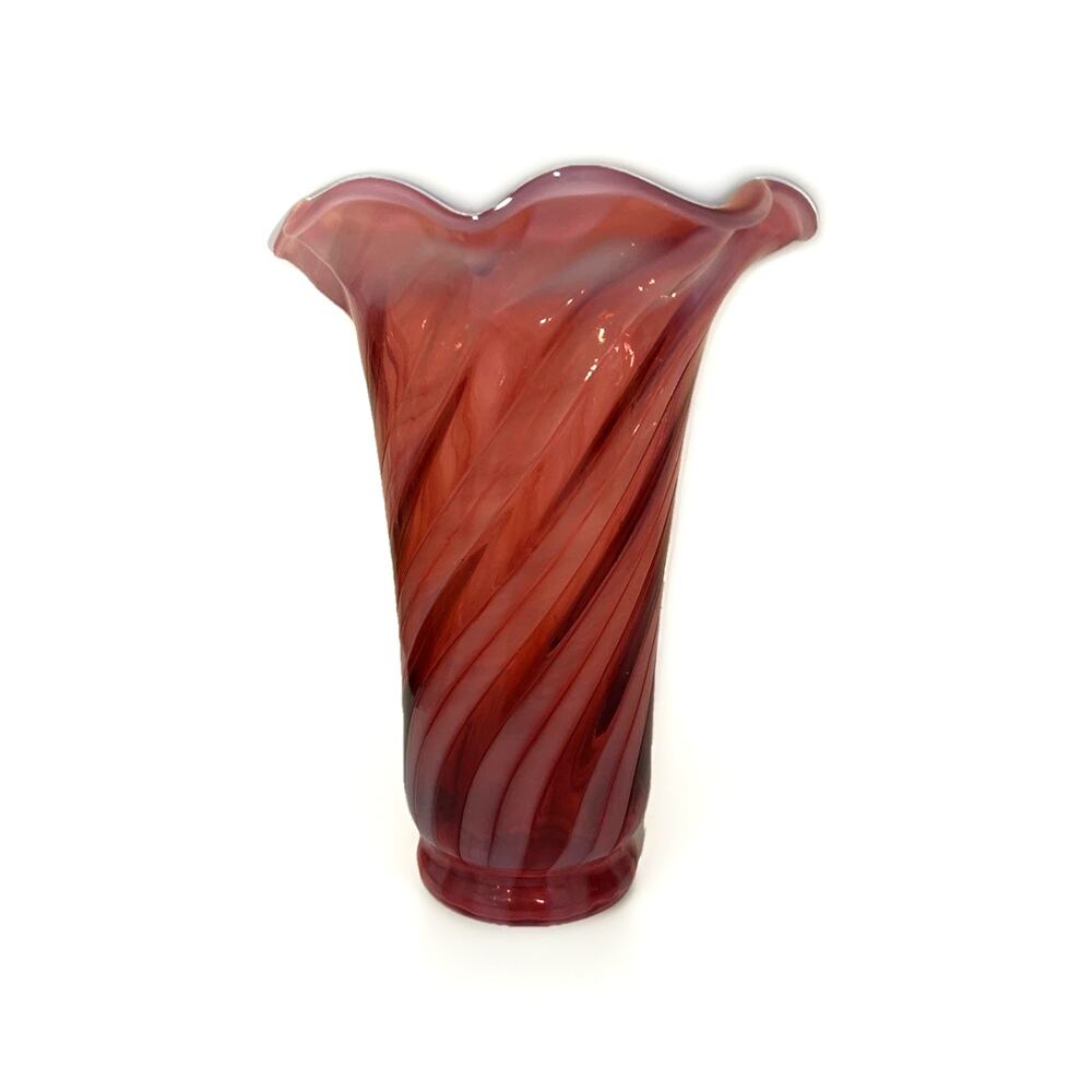 Vintage Fenton Cranberry Opalescent Swirl Optic Ruffled Vase 7.75" Art Glass